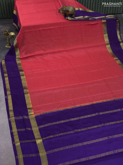Pure mysore silk saree peach shade and violet with allover zari woven checked pattern and rettapet zari woven border
