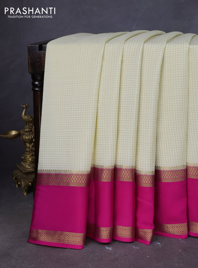 Pure mysore silk saree cream and pink with allover zari woven checked pattern and rettapet zari woven border