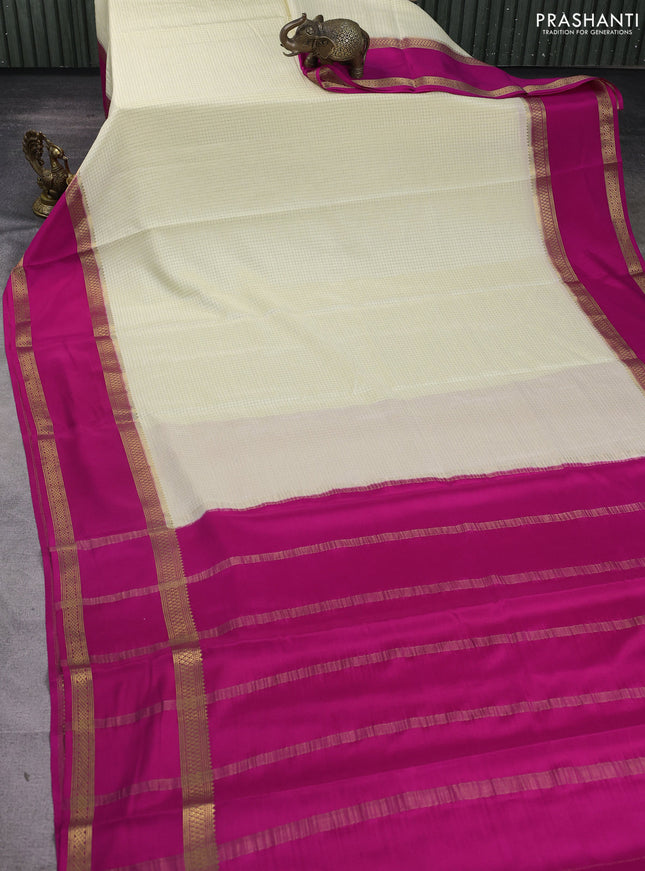 Pure mysore silk saree cream and pink with allover zari woven checked pattern and rettapet zari woven border