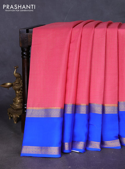 Pure mysore silk saree peach pink and royal blue with allover zari woven checked pattern and rettapet zari woven border