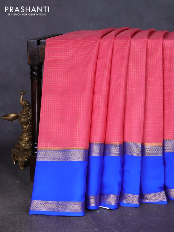 Pure mysore silk saree peach pink and royal blue with allover zari woven checked pattern and rettapet zari woven border