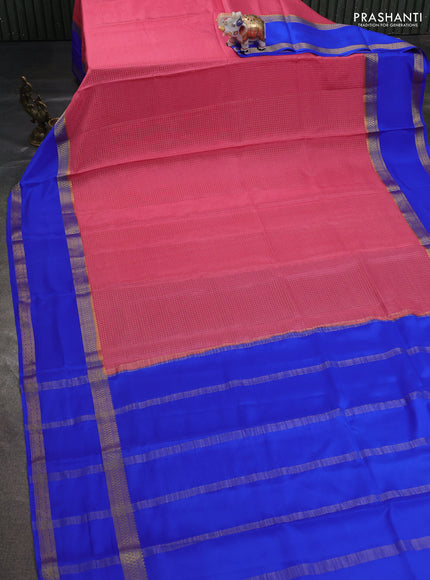 Pure mysore silk saree peach pink and royal blue with allover zari woven checked pattern and rettapet zari woven border