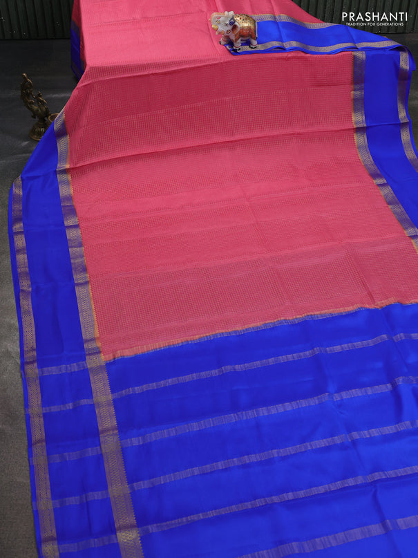 Pure mysore silk saree peach pink and royal blue with allover zari woven checked pattern and rettapet zari woven border