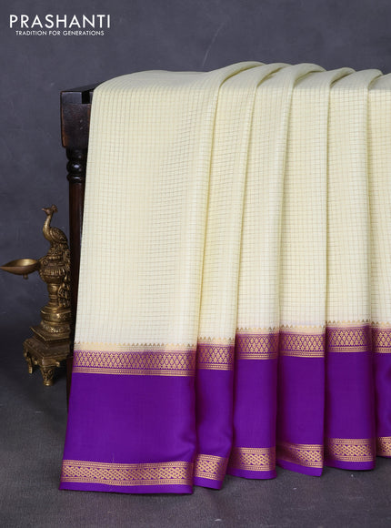 Pure mysore silk saree cream and purple with allover zari woven checked pattern and rettapet zari woven border