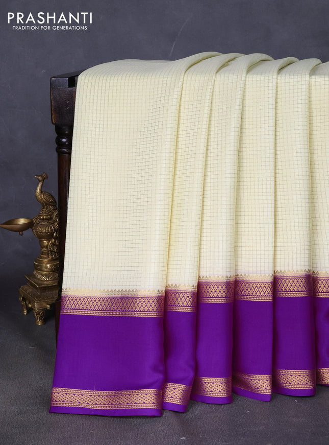 Pure mysore silk saree cream and purple with allover zari woven checked pattern and rettapet zari woven border