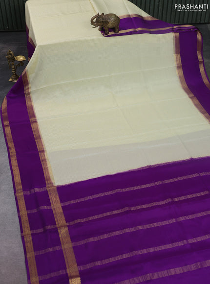 Pure mysore silk saree cream and purple with allover zari woven checked pattern and rettapet zari woven border