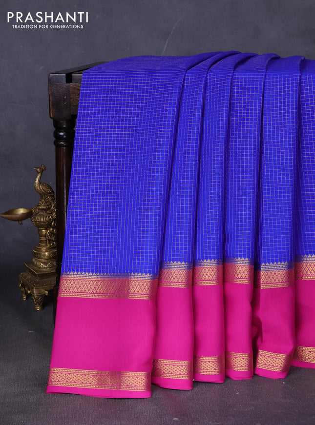Pure mysore silk saree blue and magenta pink with allover zari woven checked pattern and rettapet zari woven border
