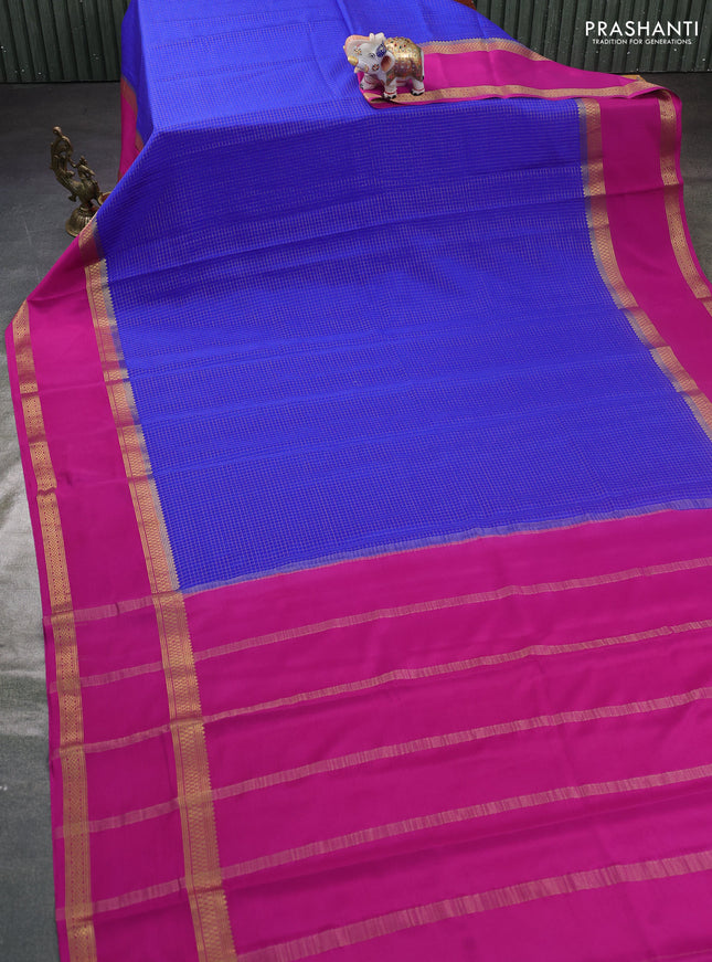 Pure mysore silk saree blue and magenta pink with allover zari woven checked pattern and rettapet zari woven border