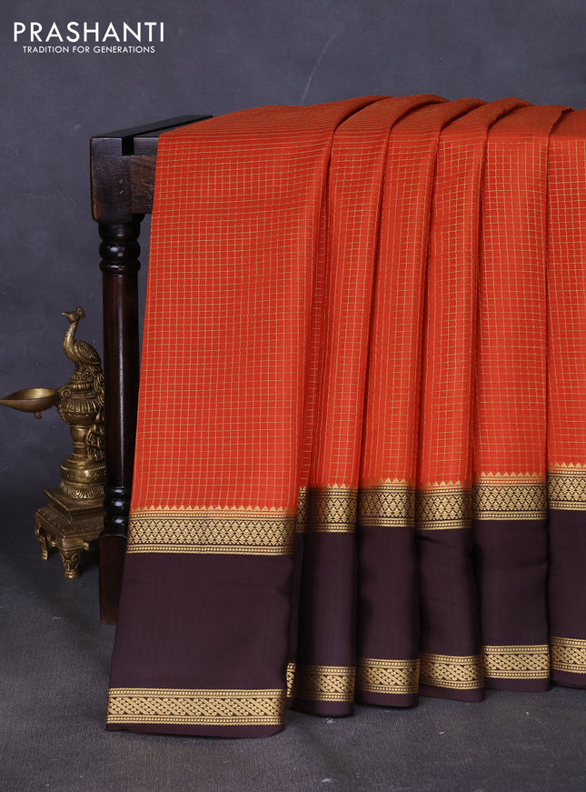 Pure mysore silk saree rust shade and coffee brown with allover zari woven checked pattern and rettapet zari woven border