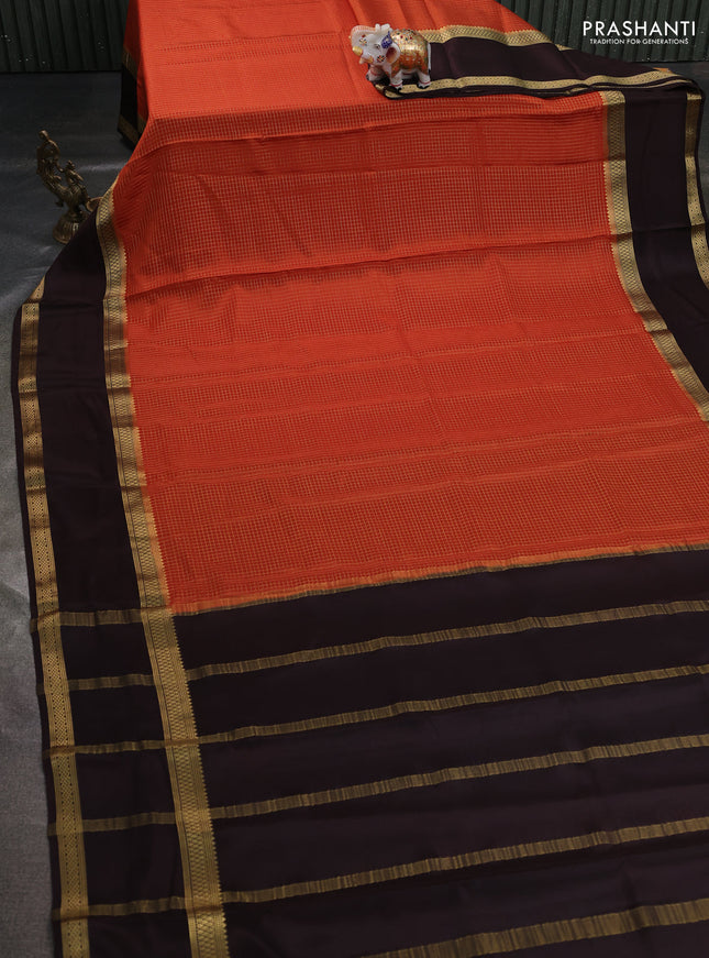 Pure mysore silk saree rust shade and coffee brown with allover zari woven checked pattern and rettapet zari woven border