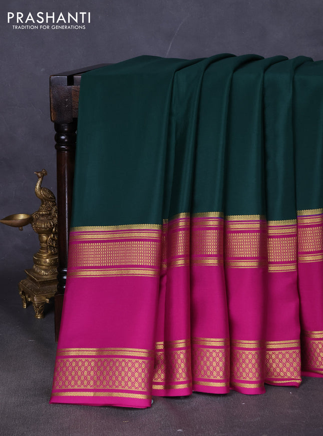 Pure mysore silk saree bottle green and magenta pink with plain body and rettapet zari woven border