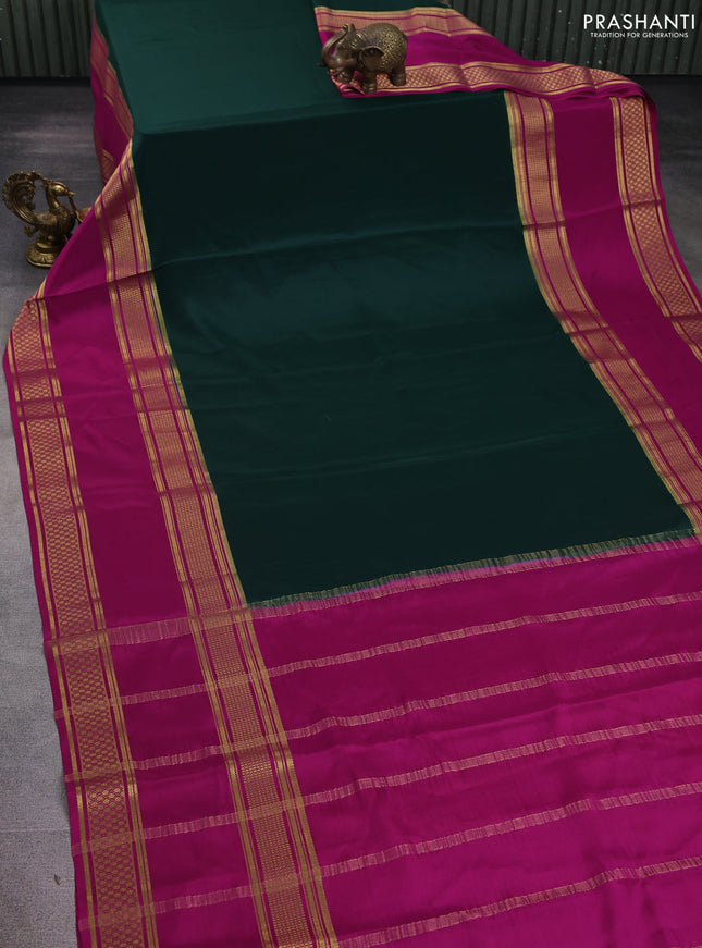 Pure mysore silk saree bottle green and magenta pink with plain body and rettapet zari woven border