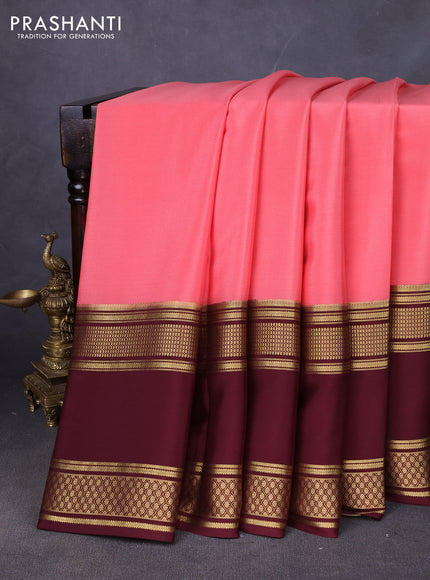 Pure mysore silk saree peach pink and deep maroon with plain body and rettapet zari woven border