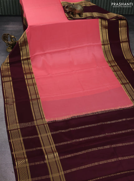 Pure mysore silk saree peach pink and deep maroon with plain body and rettapet zari woven border