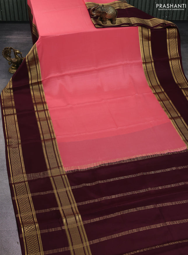 Pure mysore silk saree peach pink and deep maroon with plain body and rettapet zari woven border