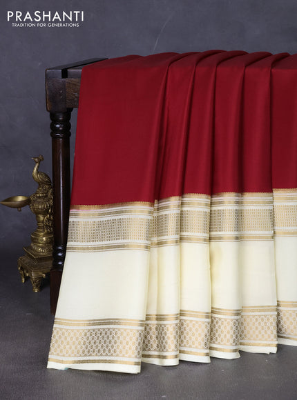 Pure mysore silk saree maroon and cream with plain body and rettapet zari woven border