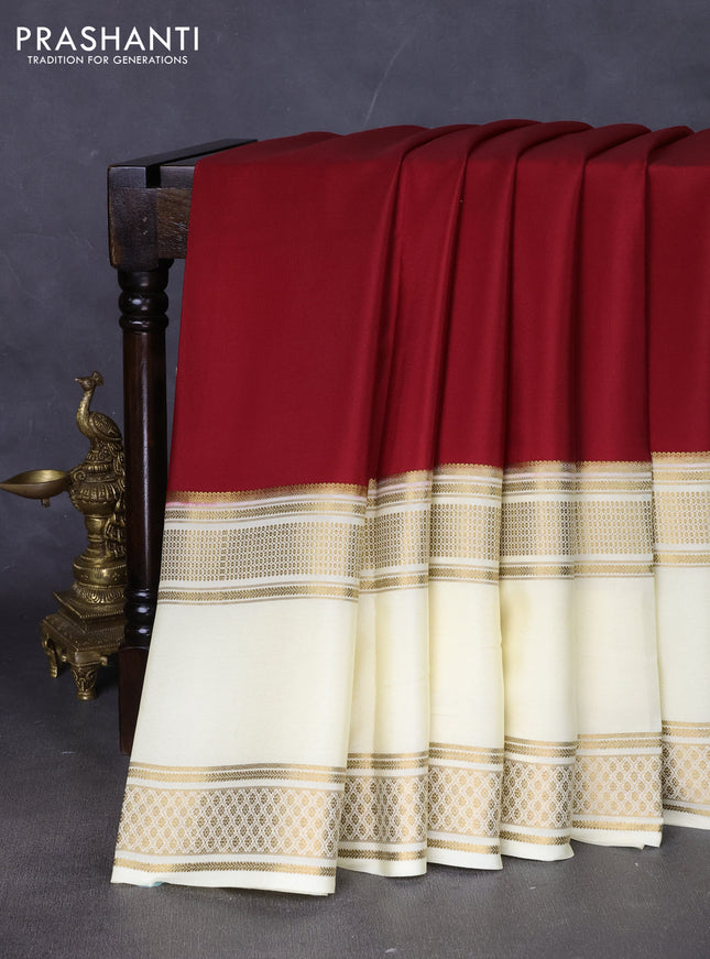 Pure mysore silk saree maroon and cream with plain body and rettapet zari woven border