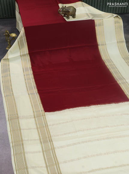 Pure mysore silk saree maroon and cream with plain body and rettapet zari woven border