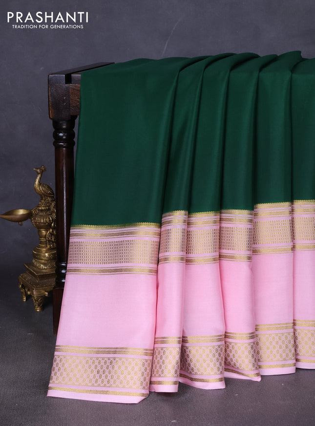 Pure mysore silk saree bottle green and pastel pink with plain body and rettapet zari woven border