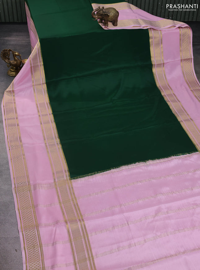 Pure mysore silk saree bottle green and pastel pink with plain body and rettapet zari woven border