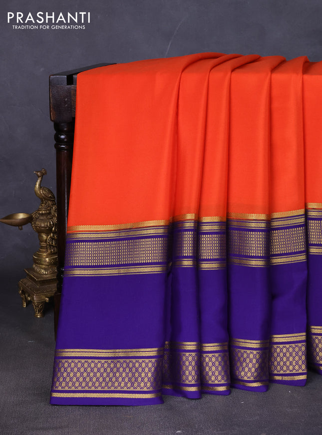 Pure mysore silk saree orange and violet with plain body and rettapet zari woven border