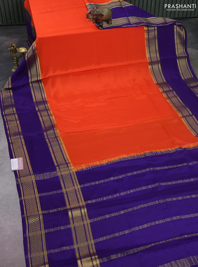 Pure mysore silk saree orange and violet with plain body and rettapet zari woven border