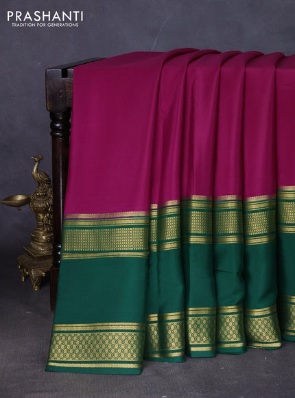 Pure mysore silk saree magenta pink and green with plain body and rettapet zari woven border