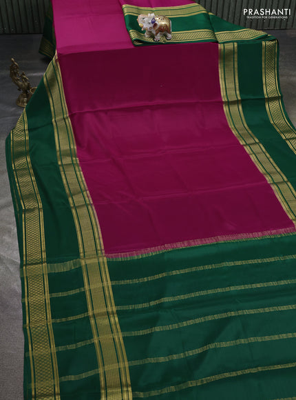 Pure mysore silk saree magenta pink and green with plain body and rettapet zari woven border