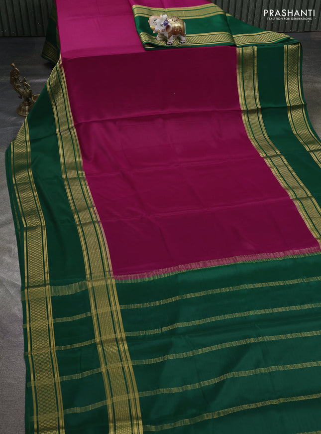 Pure mysore silk saree magenta pink and green with plain body and rettapet zari woven border
