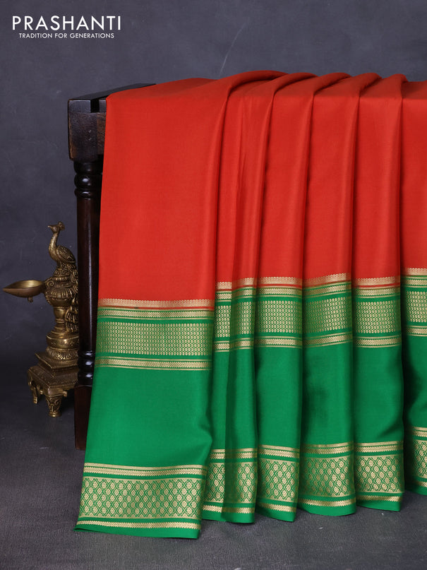 Pure mysore silk saree rust shade and green with plain body and rettapet zari woven border