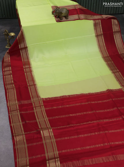Pure mysore silk saree fluorescent green and red with plain body and rettapet zari woven border