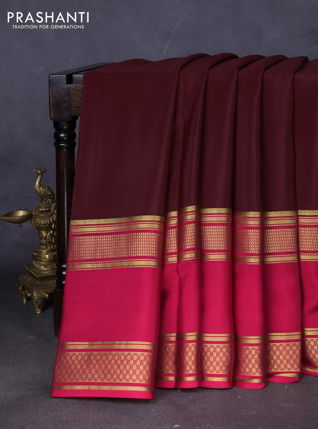 Pure mysore silk saree coffee brown and magenta pink with plain body and rettapet zari woven border