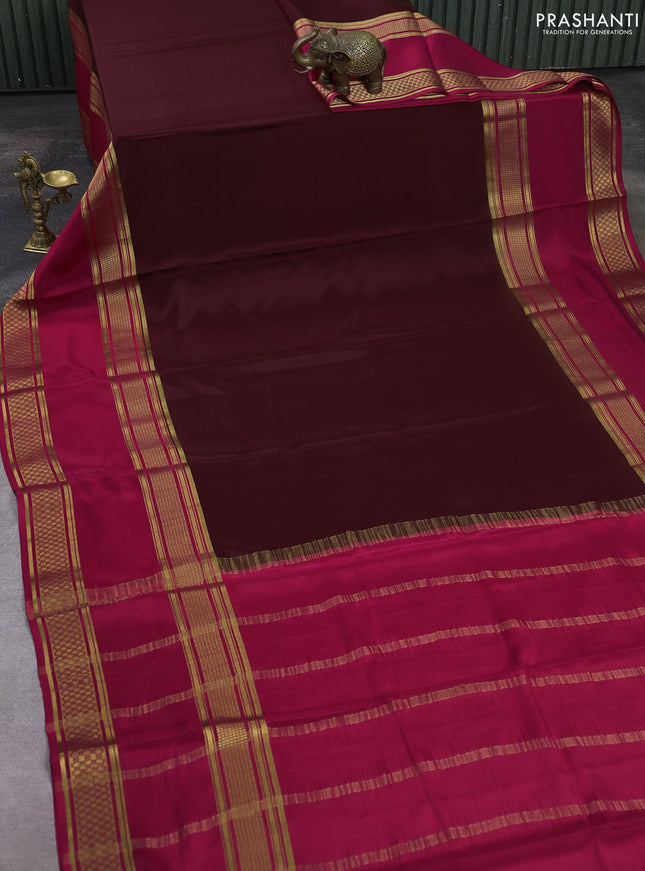 Pure mysore silk saree coffee brown and magenta pink with plain body and rettapet zari woven border