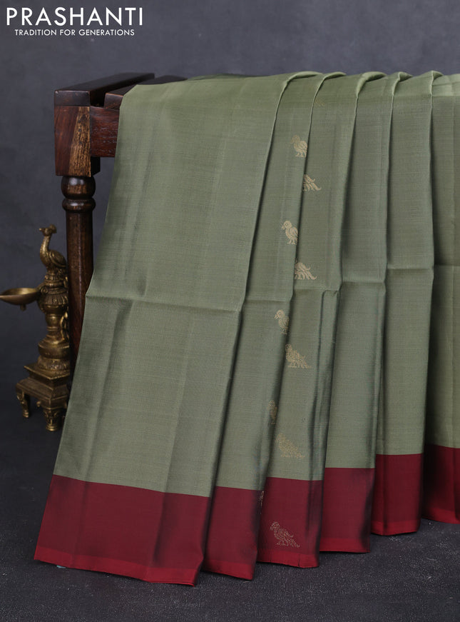 Kanchipuram soft silk saree pastel green and maroon with zari woven buttas and zari woven butta border