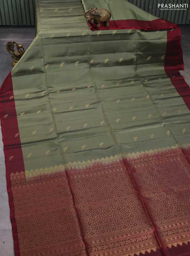 Kanchipuram soft silk saree pastel green and maroon with zari woven buttas and zari woven butta border
