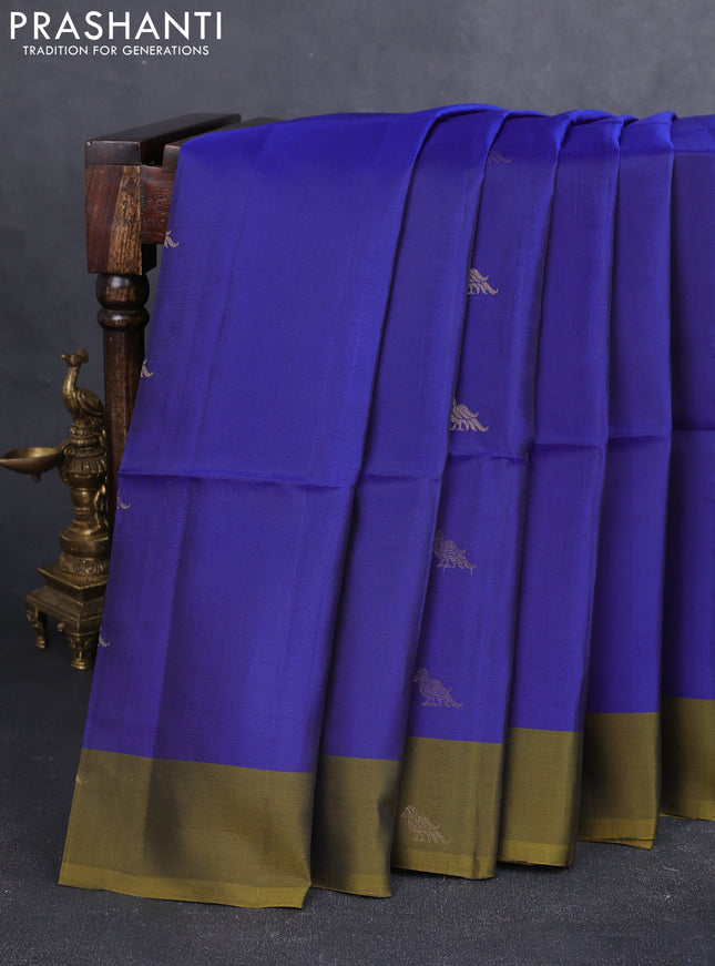Kanchipuram soft silk saree navy blue and mehendi green with zari woven buttas and zari woven butta border