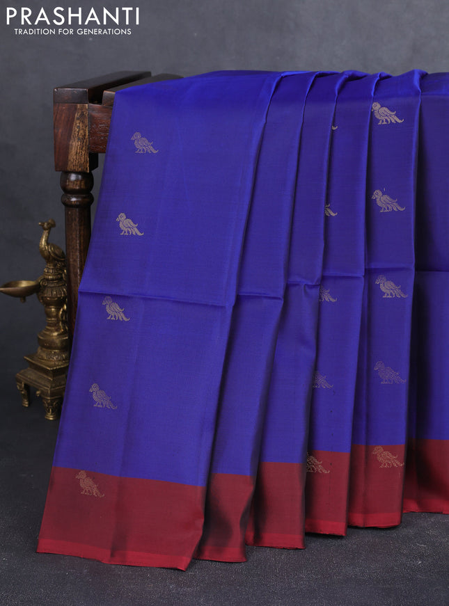 Kanchipuram soft silk saree blue and maroon with zari woven buttas and zari woven butta border