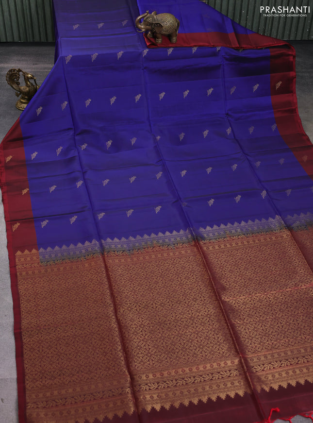 Kanchipuram soft silk saree blue and maroon with zari woven buttas and zari woven butta border