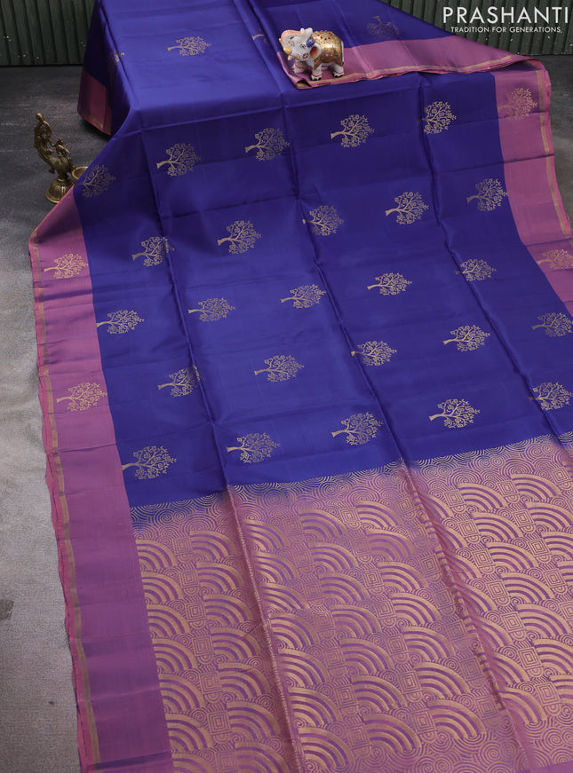 Kanchipuram soft silk saree navy blue and pastel pink with zari woven buttas and zari woven butta border