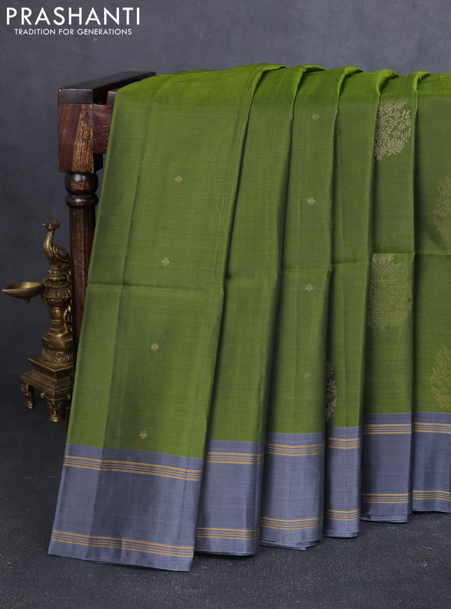 Kanchipuram soft silk saree sap green and grey with zari woven buttas and rettapet zari woven border