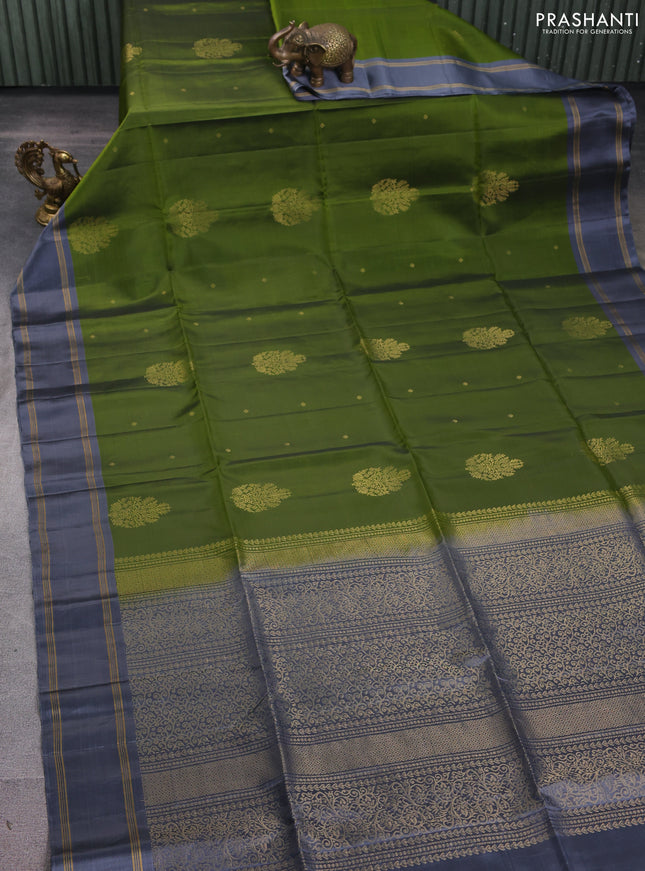 Kanchipuram soft silk saree sap green and grey with zari woven buttas and rettapet zari woven border