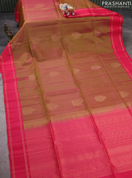 Kanchipuram soft silk saree dual shade of greenish pink and pink with zari woven buttas and rettapet zari woven border