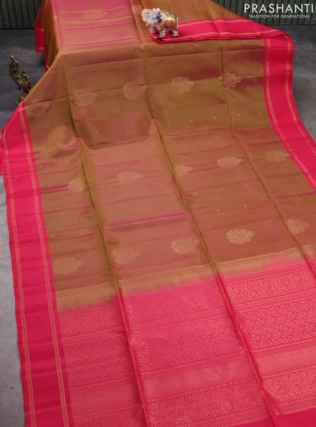 Kanchipuram soft silk saree dual shade of greenish pink and pink with zari woven buttas and rettapet zari woven border