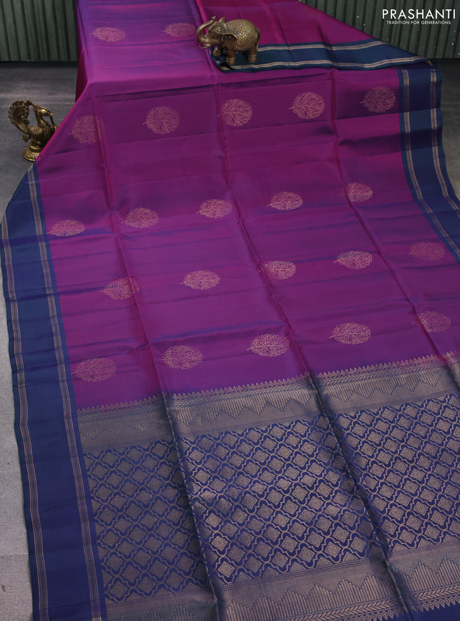 Kanchipuram soft silk saree purple and green with zari woven buttas and rettapet zari woven border