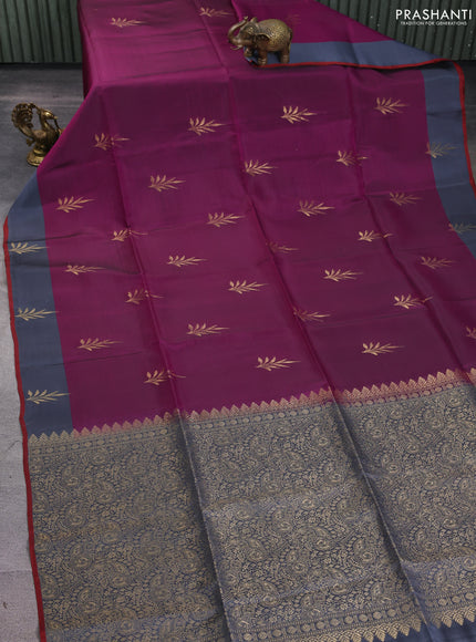 Kanchipuram soft silk saree purple and grey with zari woven buttas and zari woven butta border