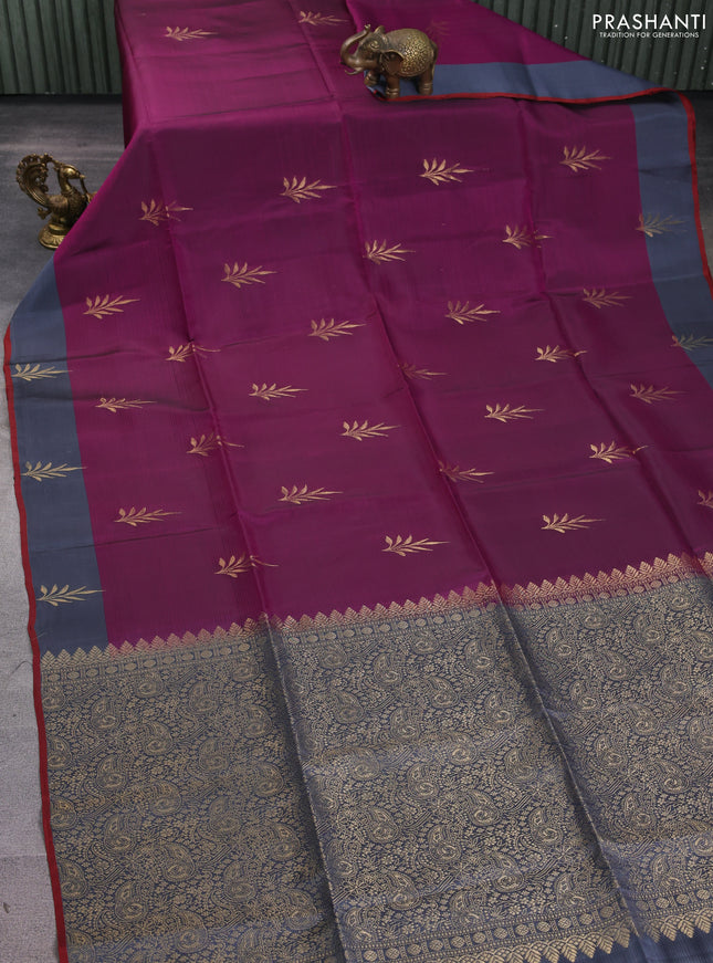 Kanchipuram soft silk saree purple and grey with zari woven buttas and zari woven butta border