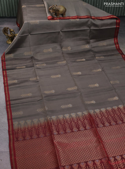Kanchipuram soft silk saree pastel brown and maroon with zari woven buttas and zari woven border
