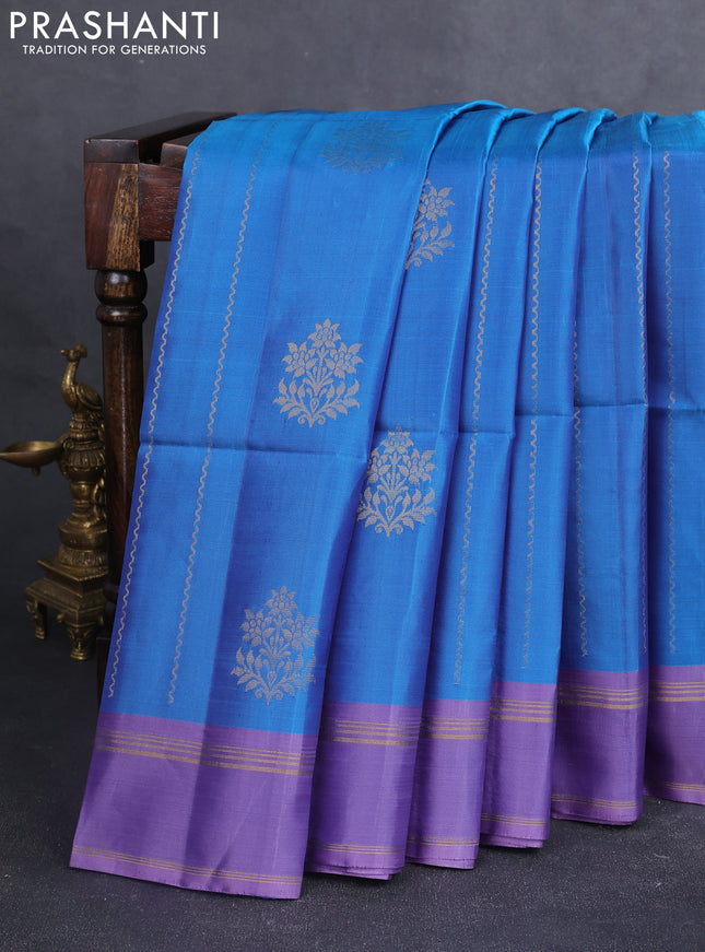 Kanchipuram soft silk saree blue and pastel lavender with zari weaves & buttas and rettapet zari woven border