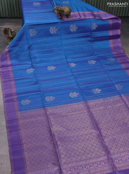 Kanchipuram soft silk saree blue and pastel lavender with zari weaves & buttas and rettapet zari woven border