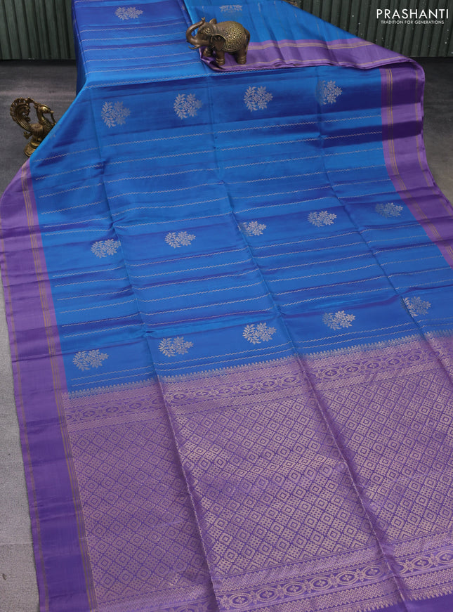 Kanchipuram soft silk saree blue and pastel lavender with zari weaves & buttas and rettapet zari woven border